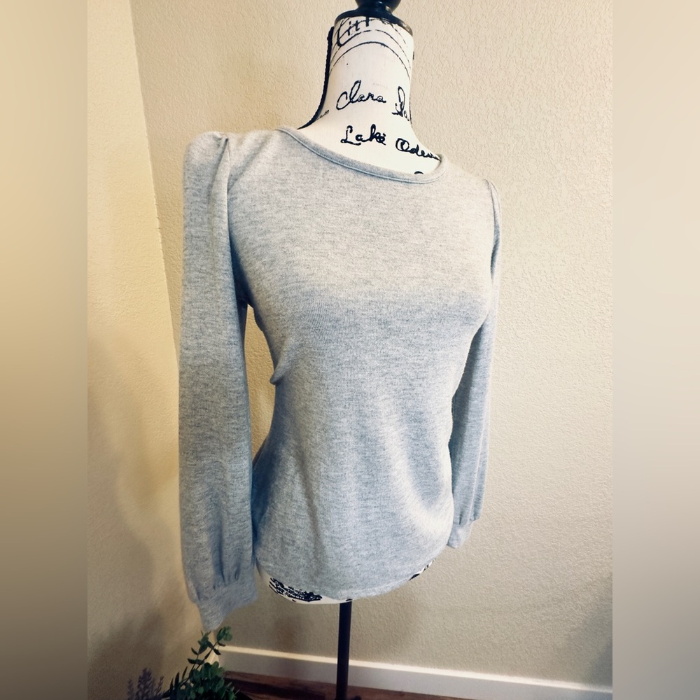 LOFT Heather Grey Puff Sleeve Knit Sweater • Preppy Chic • XS